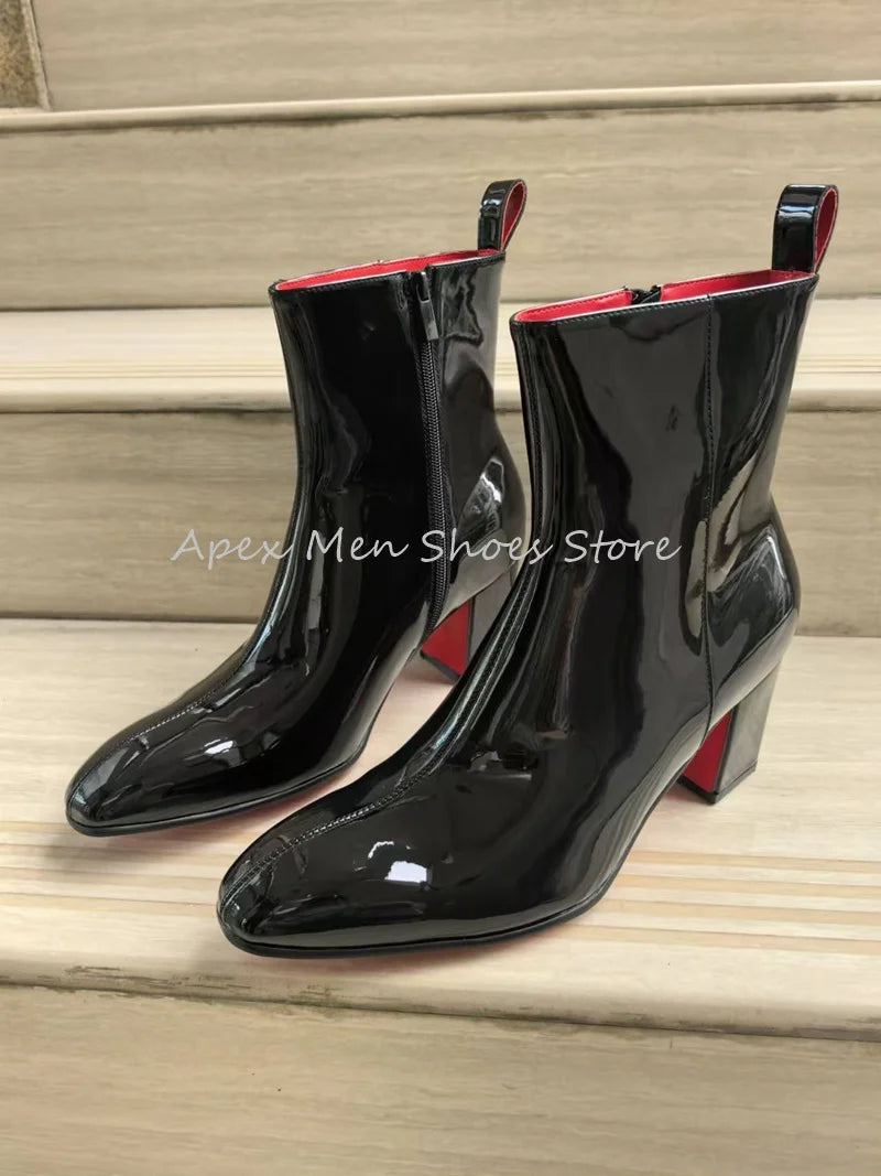 2025 bottes de travail en cuir verni noir brillant pour hommes doublure rouge fermeture éclair gros talon haut bottines de luxe en peau de vache bottes modernes