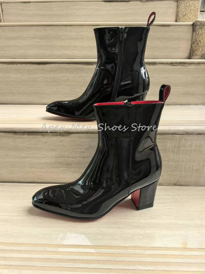 2025 bottes de travail en cuir verni noir brillant pour hommes doublure rouge fermeture éclair gros talon haut bottines de luxe en peau de vache bottes modernes