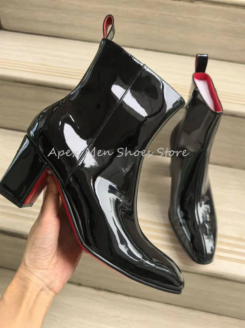 2025 bottes de travail en cuir verni noir brillant pour hommes doublure rouge fermeture éclair gros talon haut bottines de luxe en peau de vache bottes modernes