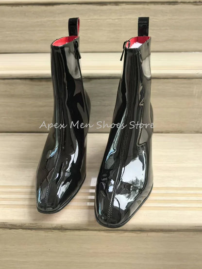 2025 bottes de travail en cuir verni noir brillant pour hommes doublure rouge fermeture éclair gros talon haut bottines de luxe en peau de vache bottes modernes