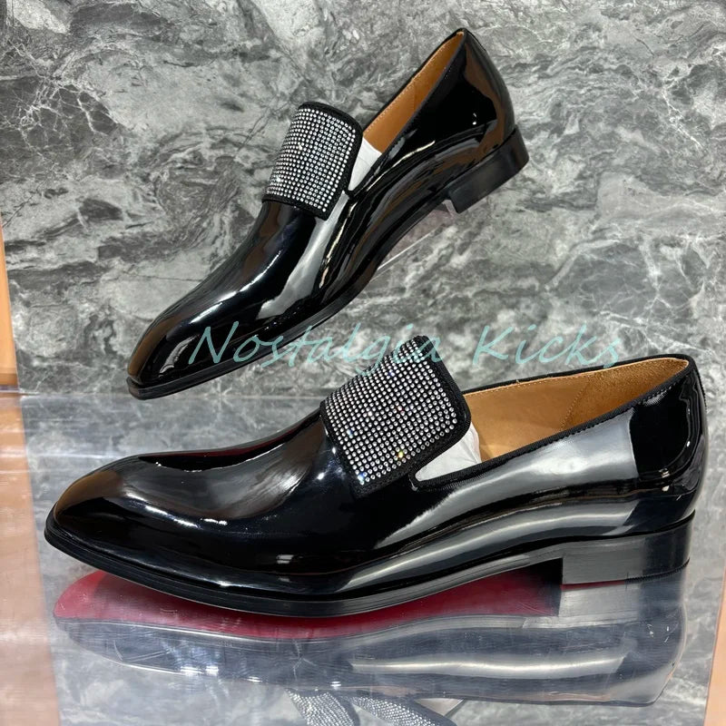 Mocassins scintillants en cuir verni noir formel strass cristal incrusté sans lacet chaussures habillées fête peau de vache chaussures de mariage pour hommes