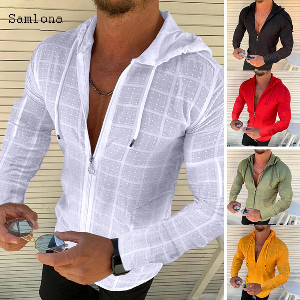 Sweat à Capuche à Manches sulfet Courtes pour Homme, Couleur Unie, Décontracté, Imprimé à Carreaux, Point Ouvert, Fin, Été