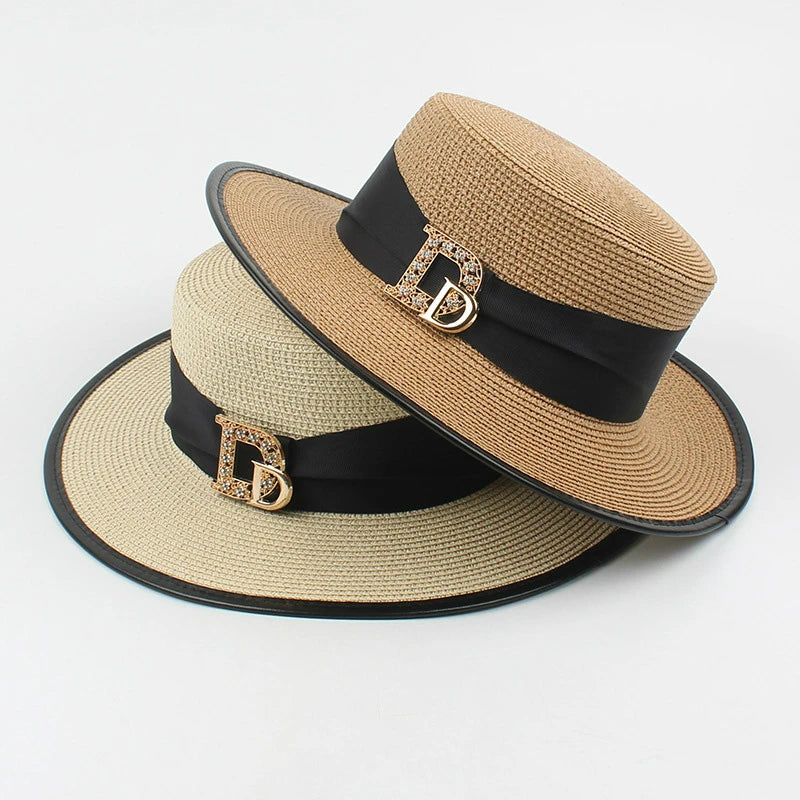 Panama mode dames élégant raphia chapeau de paille strass lettres vacances voyage haute qualité dames été Topper Banquet chapeau