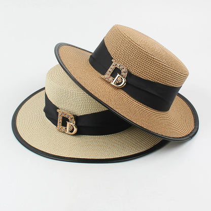 Panama mode dames élégant raphia chapeau de paille strass lettres vacances voyage haute qualité dames été Topper Banquet chapeau