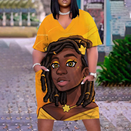 Robe d'été imprimée portrait 3D pour femmes, mode bohème, manches courtes, midi, col en v, vêtements de plage, vintage