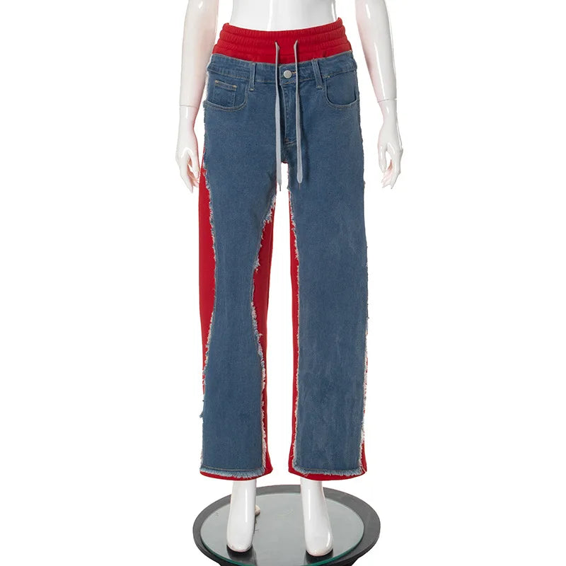 K24PT316 Fashion Autumn Winter Hip Hop Casual Motorcycle Color Patchwork Denim Cargo Straight Trousers Sweatpants Women Pant