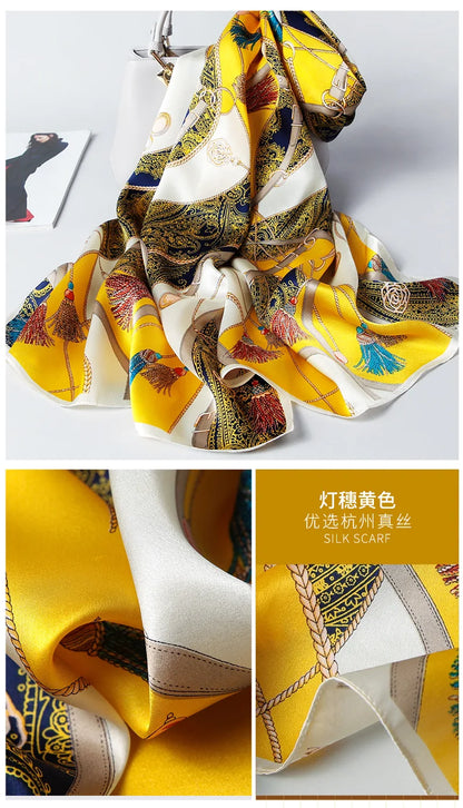 100% foulard en soie pour femmes longue impression luxe châles en soie naturelle enveloppes bleu Floral été dames foulard pur véritable foulards en soie