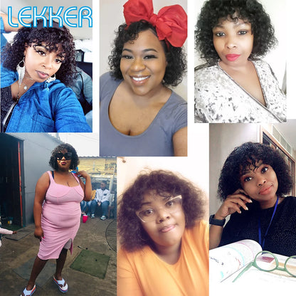 Lekker couleur courte Pixie Afro crépus bouclés Bob 100% perruques de cheveux humains avec frange pour les femmes brésilien Remy cheveux Ombre brun perruques