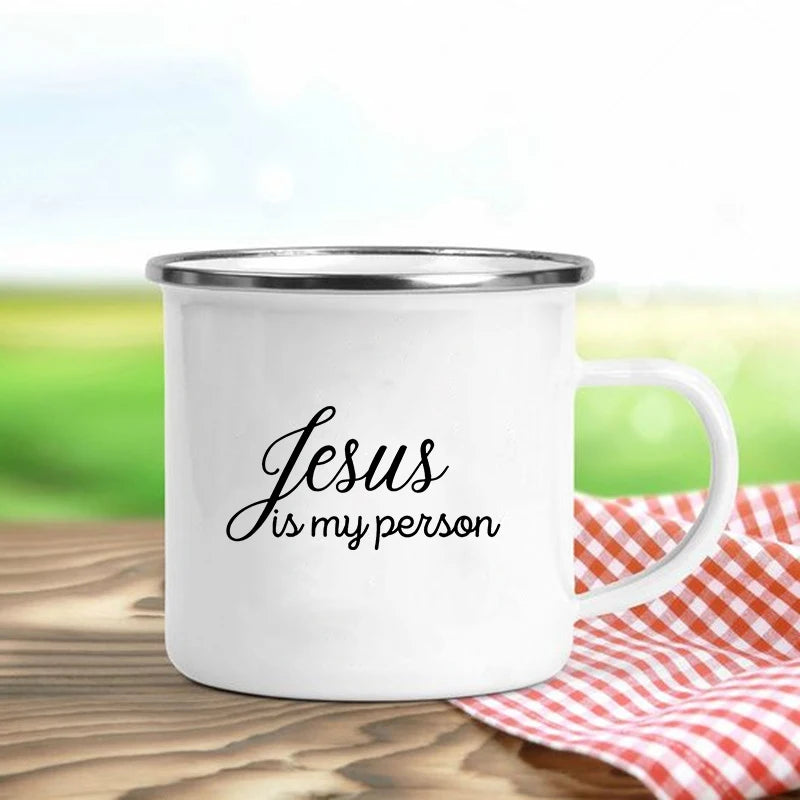 Jésus est Dieu imprimer tasses en émail chrétien créatif tasses à café boisson Dessert petit déjeuner lait tasse Vintage tasse poignée Drinkware cadeau