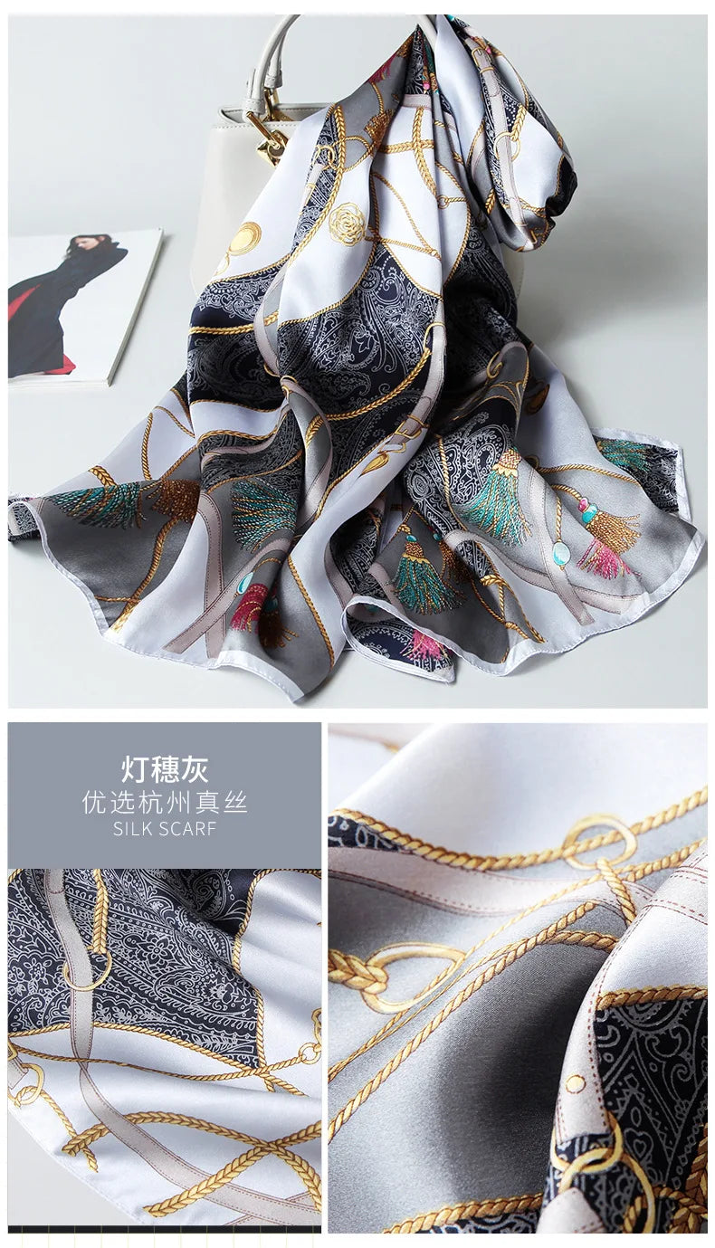 100% foulard en soie pour femmes longue impression luxe châles en soie naturelle enveloppes bleu Floral été dames foulard pur véritable foulards en soie