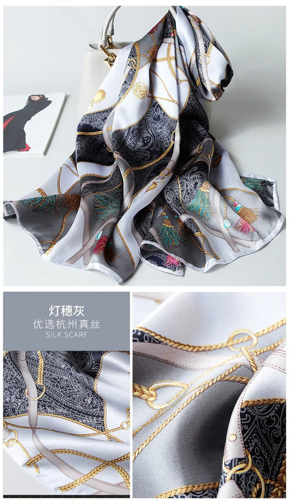 100% foulard en soie pour femmes longue impression luxe châles en soie naturelle enveloppes bleu Floral été dames foulard pur véritable foulards en soie