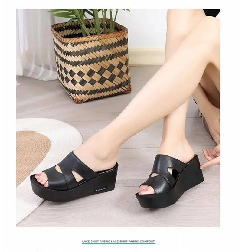 YAERNI nouveau élégant été pantoufles en cuir femmes sandales décontractées confortable antidérapant plate-forme chaussures femme sandales à talons compensés pantoufle