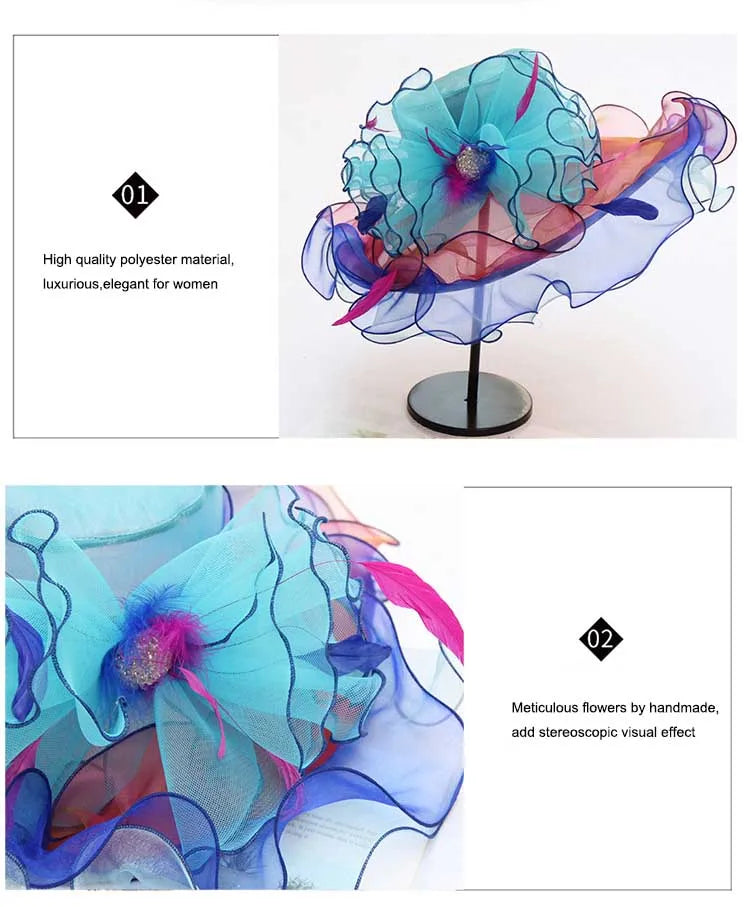 FS Organza Kentucky Derby Fascinators chapeau pour femmes dames à large bord chapeaux de soleil fleurs élégant mariage mariée église fête Fedoras