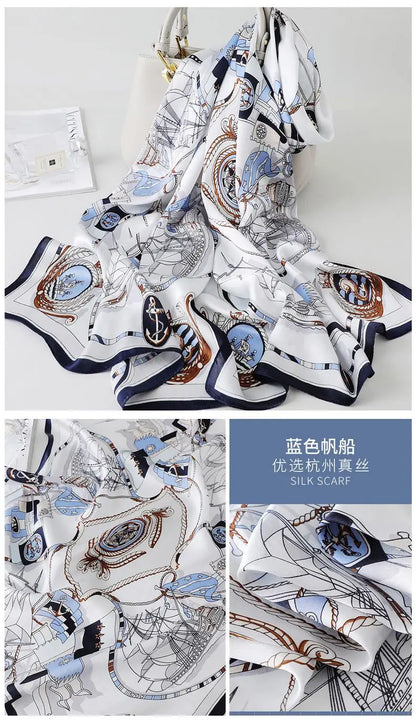 100% foulard en soie pour femmes longue impression luxe châles en soie naturelle enveloppes bleu Floral été dames foulard pur véritable foulards en soie