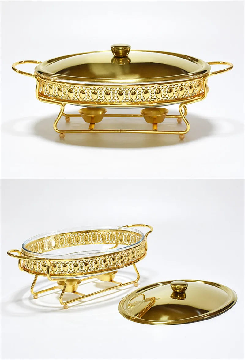 Plat de service en verre en acier inoxydable, petit réchaud, chauffe-plats, Buffet de luxe, ovale doré, hôtel, bol à friction de mariage