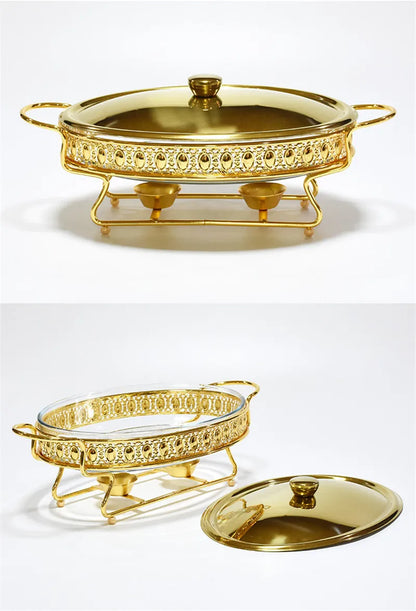 Plat de service en verre en acier inoxydable, petit réchaud, chauffe-plats, Buffet de luxe, ovale doré, hôtel, bol à friction de mariage