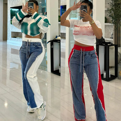 K24PT316 Fashion Autumn Winter Hip Hop Casual Motorcycle Color Patchwork Denim Cargo Straight Trousers Sweatpants Women Pant