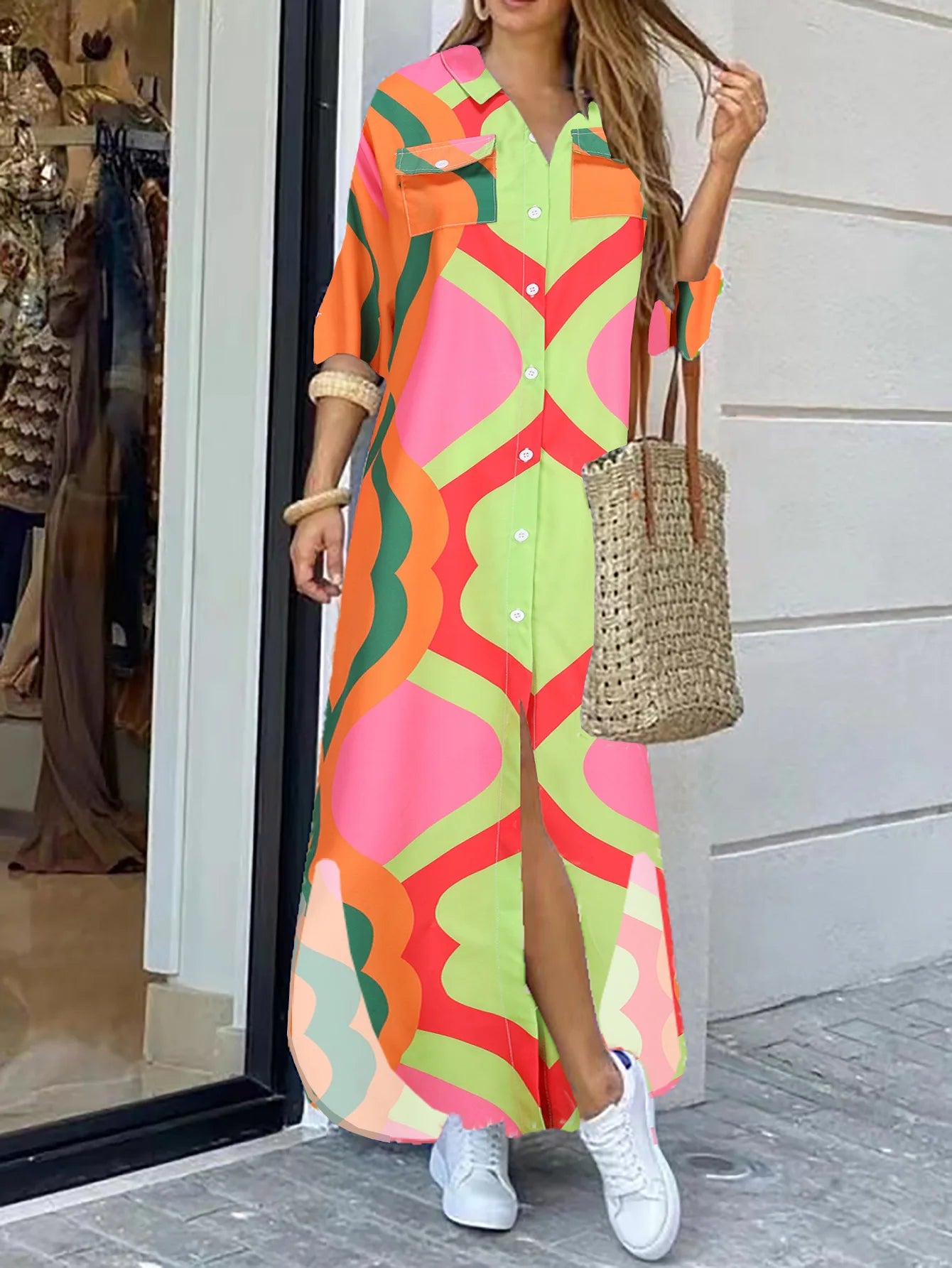 Women's Casual Long Floor-Length Dress New Fashion Elegant Loose Printed Shirt Dress with Solid Pattern