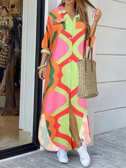 Women's Casual Long Floor-Length Dress New Fashion Elegant Loose Printed Shirt Dress with Solid Pattern