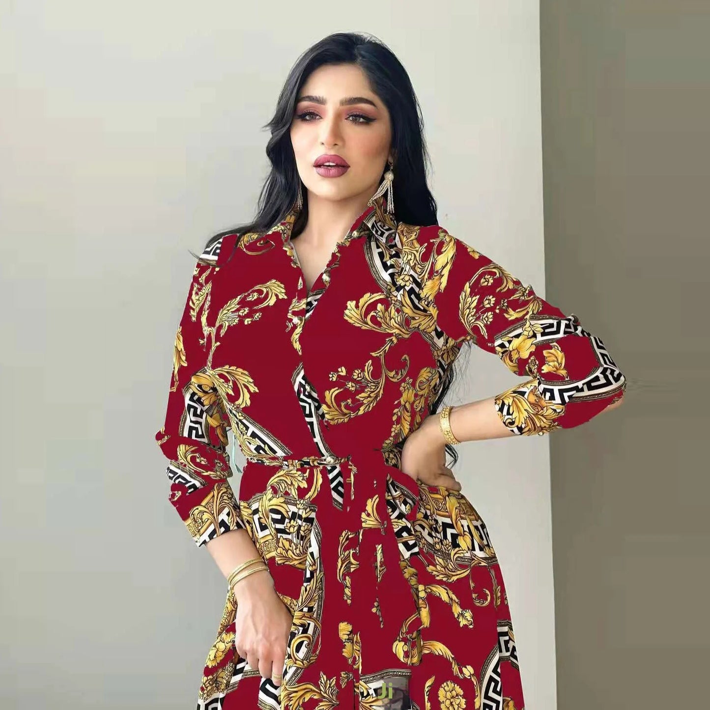 Hot Selling Printed Polyester Shirt Dress European American Middle East  Independent Station Turkish Abaya Muslim Women Dress