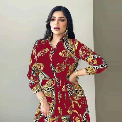 Hot Selling Printed Polyester Shirt Dress European American Middle East  Independent Station Turkish Abaya Muslim Women Dress