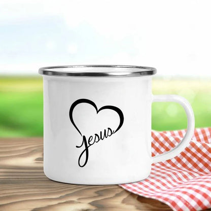 Jésus est Dieu imprimer tasses en émail chrétien créatif tasses à café boisson Dessert petit déjeuner lait tasse Vintage tasse poignée Drinkware cadeau