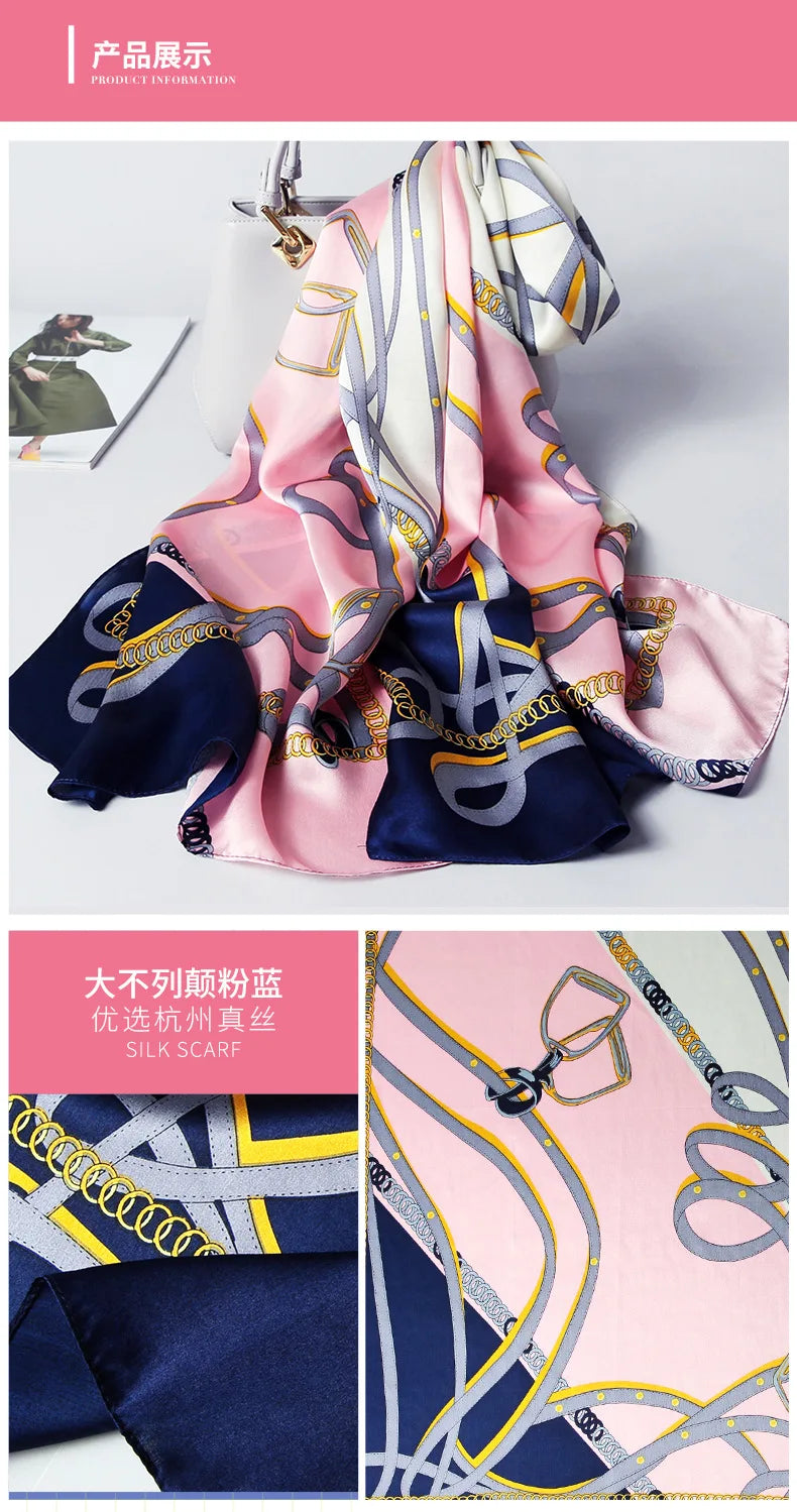 100% foulard en soie pour femmes longue impression luxe châles en soie naturelle enveloppes bleu Floral été dames foulard pur véritable foulards en soie