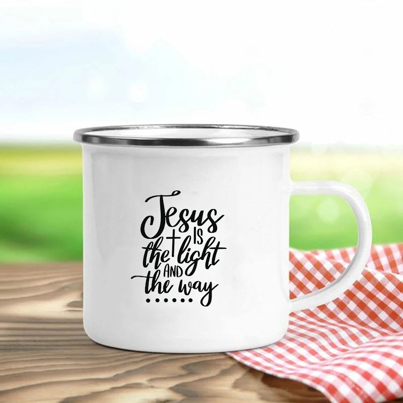 Jésus est Dieu imprimer tasses en émail chrétien créatif tasses à café boisson Dessert petit déjeuner lait tasse Vintage tasse poignée Drinkware cadeau