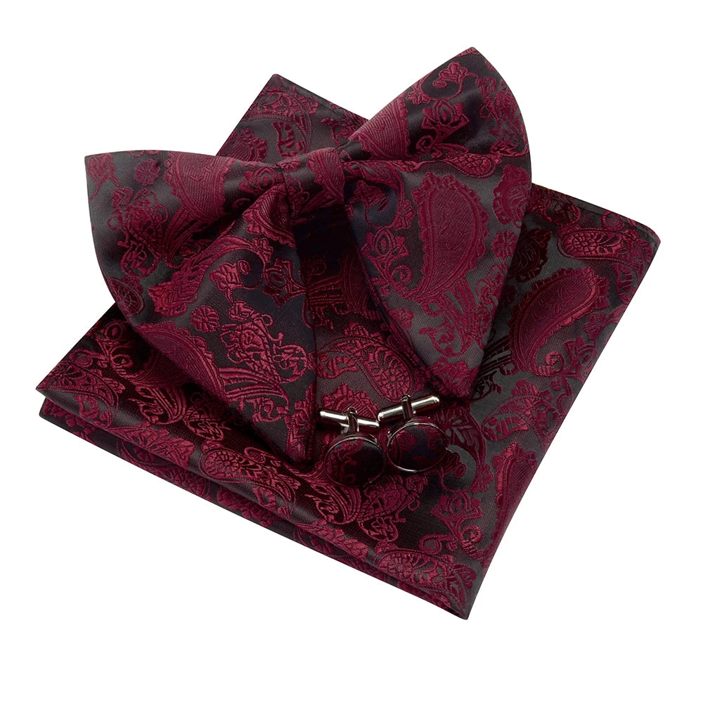 GUSLESON Paisley grand noeud papillon hommes bleu rouge jaune noeud papillon poche carré boutons de manchette ensemble avec boîte-cadeau soie mariage cravate pour homme