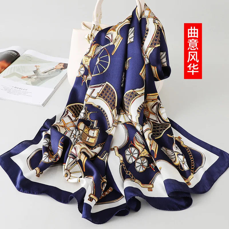 100% foulard en soie pour femmes longue impression luxe châles en soie naturelle enveloppes bleu Floral été dames foulard pur véritable foulards en soie