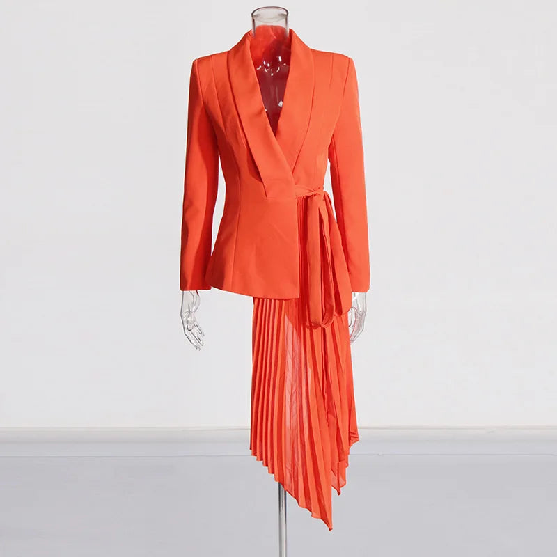 OUDINA Fashion Asymmetric Formal Belt Pleats Office Lady Blazer Elegant Dress Blazer Solid Simple Women's Casual Blazer