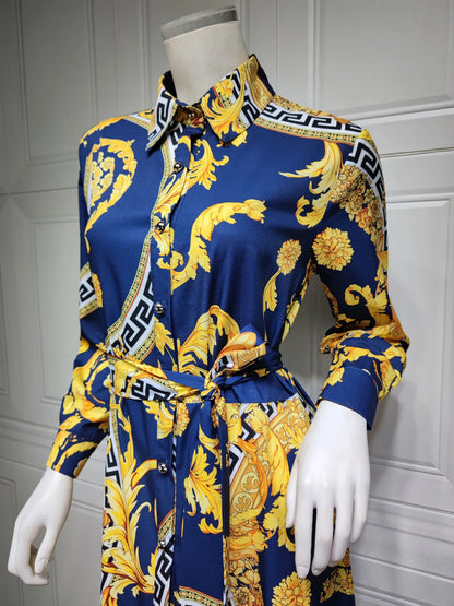 Hot Selling Printed Polyester Shirt Dress European American Middle East  Independent Station Turkish Abaya Muslim Women Dress