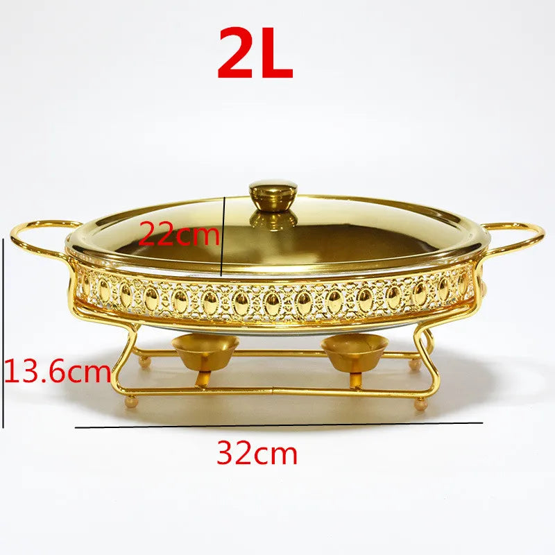 Plat de service en verre en acier inoxydable, petit réchaud, chauffe-plats, Buffet de luxe, ovale doré, hôtel, bol à friction de mariage