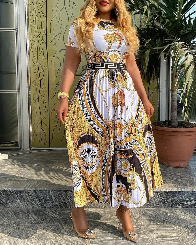 New Large Size Fashion High Waist Long Skirt Designer Quality Product Printing Temperament Pleated Women's Dress