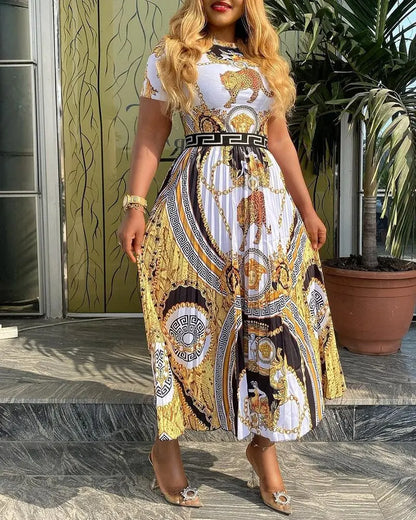 New Large Size Fashion High Waist Long Skirt Designer Quality Product Printing Temperament Pleated Women's Dress