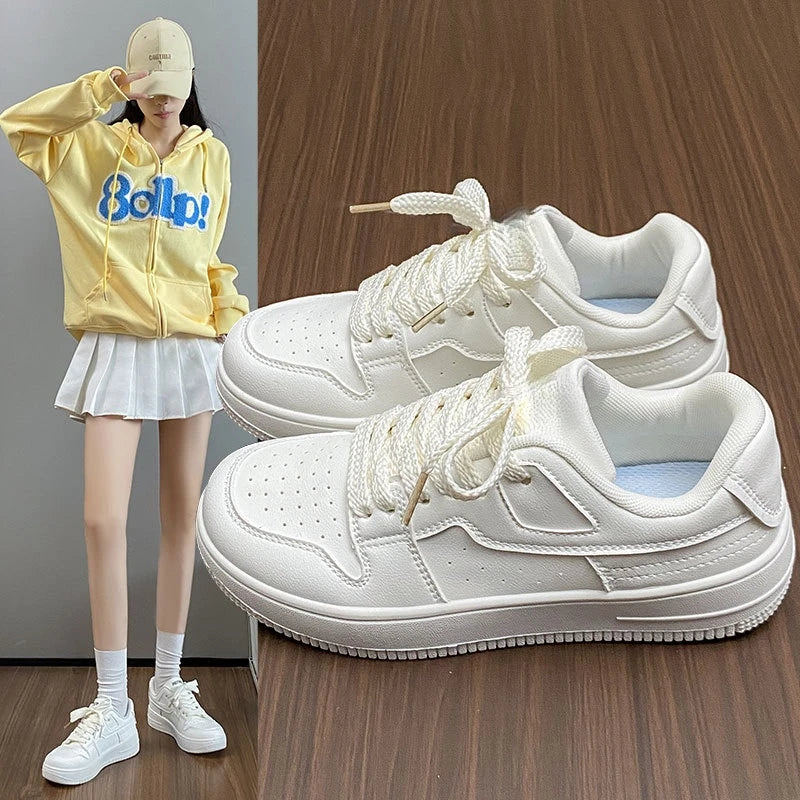 2025 Women's Spring Autumn Casual Board Skateboarding Shoes Black White Leather All-match Platform Small Foreign Trade Size-Air