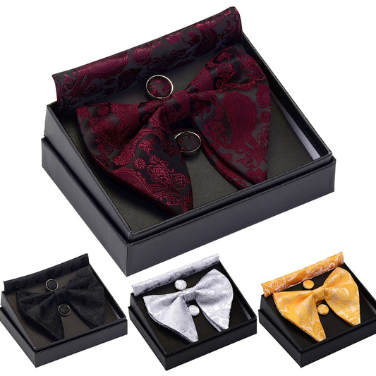 GUSLESON Paisley grand noeud papillon hommes bleu rouge jaune noeud papillon poche carré boutons de manchette ensemble avec boîte-cadeau soie mariage cravate pour homme