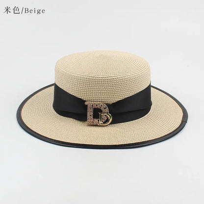 Panama mode dames élégant raphia chapeau de paille strass lettres vacances voyage haute qualité dames été Topper Banquet chapeau