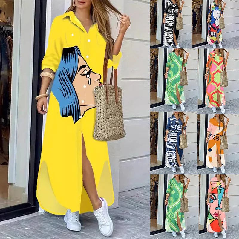 Women's Casual Long Floor-Length Dress New Fashion Elegant Loose Printed Shirt Dress with Solid Pattern