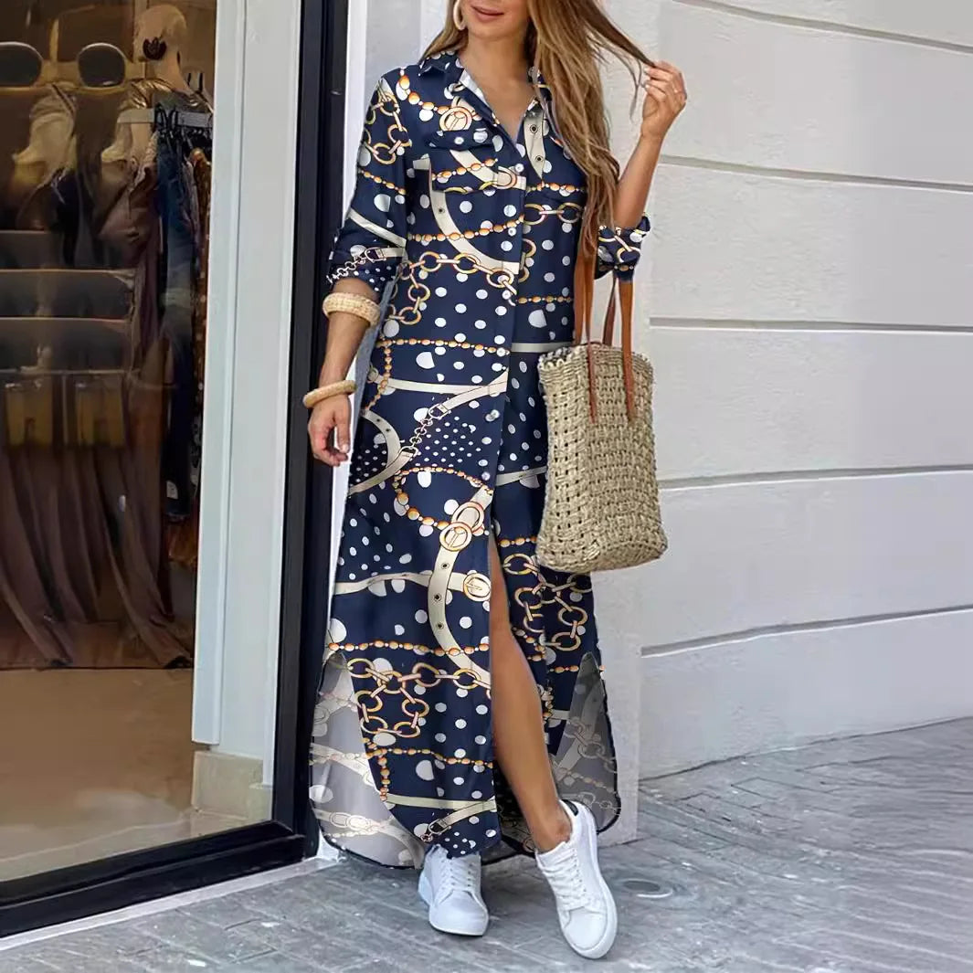 Women's Casual Long Floor-Length Dress New Fashion Elegant Loose Printed Shirt Dress with Solid Pattern