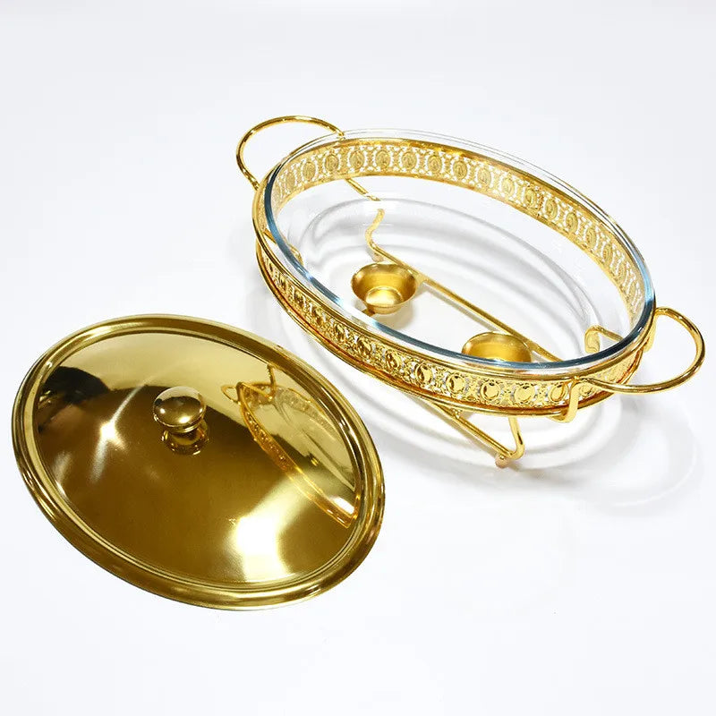 Plat de service en verre en acier inoxydable, petit réchaud, chauffe-plats, Buffet de luxe, ovale doré, hôtel, bol à friction de mariage