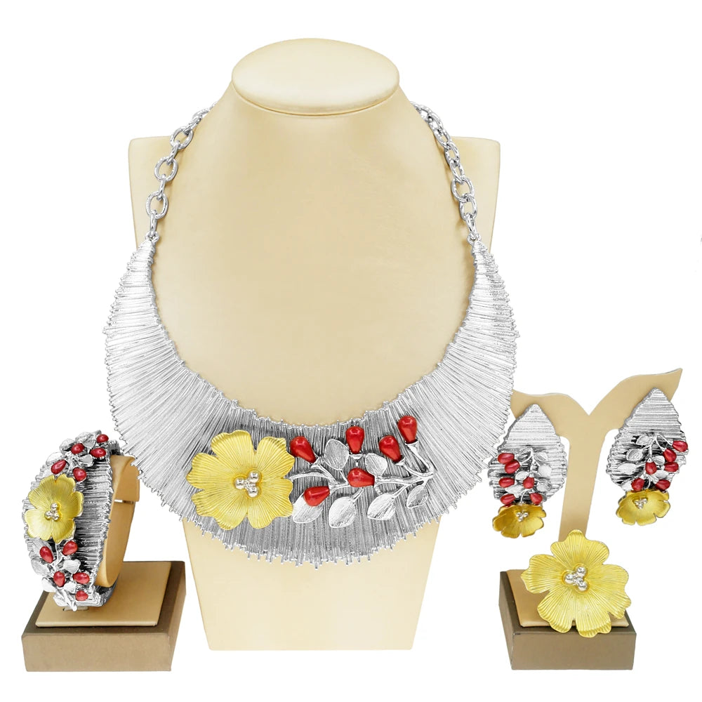 Zhuerrui Two Tone Italian Gold Jewelry Sets Necklace Bracelet Earrings Ring Bridal Western Heavy Wedding Fine Jewelry Set H00497