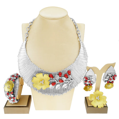 Zhuerrui Two Tone Italian Gold Jewelry Sets Necklace Bracelet Earrings Ring Bridal Western Heavy Wedding Fine Jewelry Set H00497