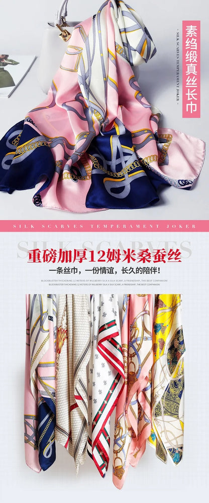 100% foulard en soie pour femmes longue impression luxe châles en soie naturelle enveloppes bleu Floral été dames foulard pur véritable foulards en soie