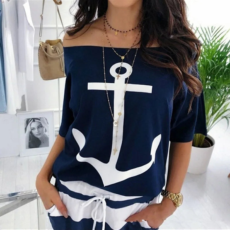 Fanbety-ensemble deux pièces pour femme, sexy, épaules dénudées, imprimé ancre de bateau, rayé, robe décontractée, longueur cheville