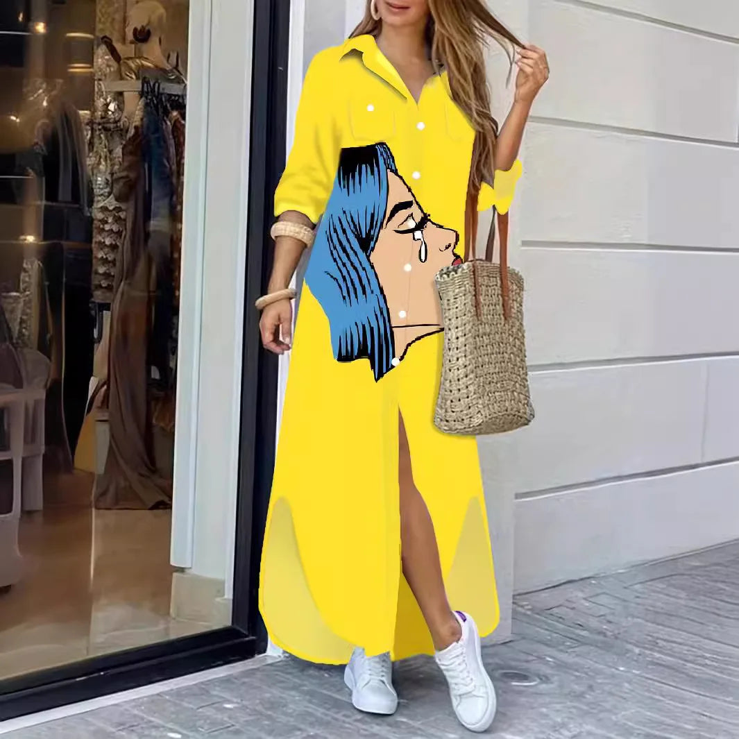 Women's Casual Long Floor-Length Dress New Fashion Elegant Loose Printed Shirt Dress with Solid Pattern