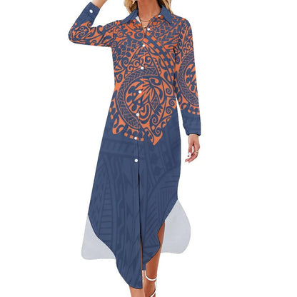 Personality Lime Green Polynesian Print Maxi Dress Elegant Women Shirt Dresses Custom Clothing Plus Size Dress Skirts