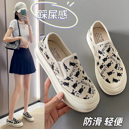Women's Summer Casual Canvas Shoes One Foot Flat with Breathable Lazy Thick Soled Board Chunky Shallow Mouth Design