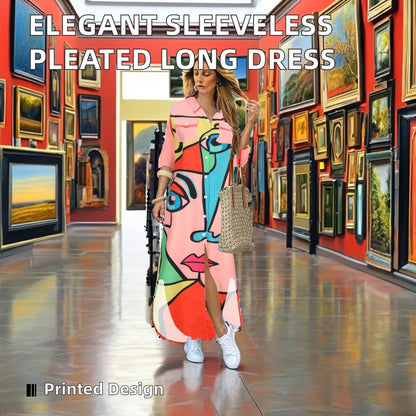 Women's Casual Long Floor-Length Dress New Fashion Elegant Loose Printed Shirt Dress with Solid Pattern