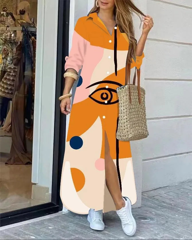 Women's Casual Long Floor-Length Dress New Fashion Elegant Loose Printed Shirt Dress with Solid Pattern